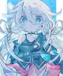  1girl aqua_choker aqua_eyes aqua_shirt arms_at_sides bandaid bandaid_on_cheek bandaid_on_chest bandaid_on_face blue_background bright_pupils commentary cowboy_shot detached_sleeves english_commentary flat_chest gauze grey_hair hair_between_eyes highres ia_(vocaloid) long_hair looking_at_viewer outside_border parted_lips pillarboxed pink_skirt pleated_skirt shirt single_bare_shoulder skirt solo soresaki spaghetti_strap straight-on two-sided_fabric two-sided_skirt very_long_hair vocaloid white_pupils 