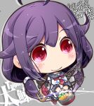  1girl ahoge animal_print carrot character_name chibi crane_(machine) fish_print hair_flaps highres kantai_collection kuroneko_(kuroneko_works) long_hair low_twintails magatama neckerchief necktie potato purple_hair red_eyes red_necktie rigging school_uniform serafuku smile solo taigei_(kancolle) twintails whale whale_print 