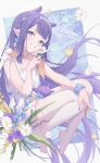  1girl blue_background blue_eyes blush border choker collarbone dated dress extra_ears eyelashes feet flower full_body grey_border hair_flower hair_ornament hand_on_own_knee hand_up highres hololive hololive_english invisible_chair jewelry knees_together_feet_apart legs long_hair looking_at_viewer midori_xu mole mole_under_eye necklace ninomae_ina&#039;nis no_shoes pointy_ears short_dress sidelocks signature sitting sleeveless sleeveless_dress solo teeth tentacle_hair thighhighs thighs very_long_hair virtual_youtuber white_choker white_dress white_thighhighs 