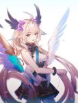  1girl bird_girl black_skirt blonde_hair blue_hair bow enna_alouette enna_alouette_(1st_costume) gradient_hair hair_bow head_wings hewaje highres long_hair low_twintails mechanical_wings multicolored_hair nijisanji nijisanji_en open_mouth purple_bow purple_eyes purple_wings skirt smile solo twintails very_long_hair virtual_youtuber white_wings wings 