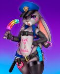  absurd_res anthro armwear belt body_writing bottomwear clothing cuff_(restraint) disney elbow_gloves female fingerless_gloves food fur gloves grey_body grey_fur hand_on_hip handcuffs handwear hardyboy hi_res hotpants judy_hopps lagomorph legwear leporid looking_at_viewer mammal metal_cuffs navel navel_piercing open_mouth piercing police police_hat popsicle purple_eyes rabbit restraints shorts solo standing thigh_highs tongue tongue_out tongue_piercing zootopia 