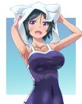  1girl bandaid bandaid_on_face black_hair blue_one-piece_swimsuit breasts collarbone competition_school_swimsuit covered_navel hair_ornament hairclip highres kusaba_(kusabashiki) large_breasts looking_at_viewer one-piece_swimsuit red_eyes school_swimsuit short_hair smile solo swimsuit towel towel_on_head tracen_swimsuit umamusume wet wet_clothes wet_swimsuit winning_ticket_(umamusume) 