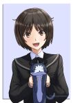  1girl :d absurdres amagami animal artist_name black_bow black_bowtie black_cat black_jacket black_sailor_collar blazer blue_background bow bowtie brown_eyes brown_hair brown_sweater cat closed_eyes commentary dress_shirt head_tilt highres holding holding_animal holding_cat jacket kibito_high_school_uniform light_blush long_sleeves looking_at_viewer messy_hair mitojyaneeeeyo open_mouth outside_border own_hands_together sailor_collar school_uniform shirt short_hair simple_background smile solo sweater tachibana_miya twitter_username upper_body w_arms white_cat white_shirt 