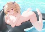  1girl :o absurdres anchorage_(azur_lane) ass azur_lane black_bow blonde_hair bow breasts doraski hair_between_eyes hair_bow highres large_breasts long_hair looking_at_viewer lying nude on_stomach red_eyes solo thighhighs twintails water white_thighhighs 