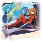  1girl arm_support blue_eyes bodysuit brown_hair candy cockpit crossover english_text food full_body holding holding_candy holding_food holding_lollipop honkai_(series) honkai_impact_3rd interface_headset lollipop neon_genesis_evangelion official_art pilot_suit plugsuit rebuild_of_evangelion red_bodysuit smile souryuu_asuka_langley third-party_source 