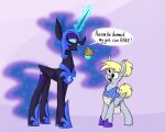  2023 apron armor blue_body blue_eyes blue_feathers blue_hair blue_mane blue_sclera blue_tail clothing cutie_mark derp_eyes derpy_hooves_(mlp) dialogue digital_media_(artwork) dipstick_ears duo english_text equid equine ethereal_hair ethereal_mane ethereal_tail eyeshadow feathered_wings feathers female feral folded_wings food footwear friendship_is_magic glowing glowing_horn grey_body grey_feathers hair hair_bun half-closed_eyes hasbro headgear helmet hi_res horn long_horn magic makeup mammal mane meme moonatik muffin multicolored_ears my_little_pony narrowed_eyes nightmare_moon_(mlp) pegasus pseudo_hair pseudo_mane purple_eyeshadow sharp_teeth shoes size_difference tail teeth telekinesis text winged_unicorn wings 