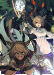  2girls absurdres agdistis_(ff14) alternate_form animal_ears brown_eyes brown_hair cat_ears cat_tail clothing_cutout dark-skinned_female dark_skin dress facial_mark final_fantasy final_fantasy_xiv green_eyes hair_over_one_eye hide_(hideout) highres holding holding_staff looking_at_viewer miqo&#039;te monster multiple_girls open_mouth parted_bangs short_hair shorts shoulder_cutout staff tail warrior_of_light_(ff14) whisker_markings white_dress 