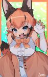  1girl absurdres animal_costume animal_ear_fluff animal_ears black_hair blue_eyes bow bowtie breasts caracal_(kemono_friends) caracal_ears elbow_gloves gloves highres kemono_friends kemono_friends_v_project long_hair looking_at_viewer microphone multicolored_hair open_mouth orange_hair ryuusui_arumo shirt skirt sleeveless sleeveless_shirt smile solo tail virtual_youtuber 