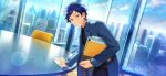  1boy belt blue_coat blue_hair blush brown_belt building buttons chair cloud coat cowboy_shot dark_blue_hair ensemble_stars! fingernails fushimi_yuzuru happy_elements holding lapels long_sleeves looking_at_viewer male_focus mole mole_under_eye notched_lapels official_art purple_eyes short_bangs short_hair smile solo table teeth third-party_source window 