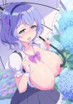  1girl absurdres aqua_eyes black_skirt blue_flower blurry blurry_background blush breasts breasts_out clenched_hands clover-shaped_pupils collarbone collared_shirt commentary_request flower hair_between_eyes hair_flower hair_ornament hairband highres holding holding_umbrella hydrangea large_breasts looking_at_viewer mole nipples nose_blush open_mouth original overall_skirt purple_hair sakamata_(sakamata4) shiny_skin shirt short_hair short_sleeves skirt smile solo standing tongue tongue_out umbrella white_shirt 