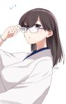  1girl adjusting_eyewear alternate_hairstyle bespectacled breasts brown_eyes brown_hair glasses hair_between_eyes hair_down hand_on_eyewear highres japanese_clothes kaga_(kancolle) kantai_collection kimura_shiki looking_at_viewer parted_lips simple_background solo twitter_username upper_body white_background 