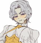  1boy blush clenched_teeth dark_souls_(series) dark_souls_i dark_sun_gwyndolin dress embarrassed furrowed_brow grey_hair highres looking_down male_focus medium_hair otoko_no_ko parted_bangs parted_lips portrait purple_eyes sketch slit_pupils solo sweat teeth white_dress zunkome 