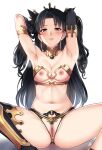  1girl anklet anus armlet armpits arms_up asymmetrical_legwear bar_censor bare_shoulders black_hair blush breastless_clothes breasts bridal_gauntlets censored clitoris crotchless crown detached_collar earrings elbow_gloves fate/grand_order fate_(series) female_pubic_hair gloves gold_trim groin hair_ribbon highres hoop_earrings ishtar_(fate) jewelry long_hair looking_at_viewer medium_breasts navel neck_ring nipples parted_bangs pubic_hair pussy red_eyes ribbon simple_background single_elbow_glove single_thighhigh sitting smile solo spread_legs stomach thighhighs tiara two_side_up uncensored uneven_legwear white_background xter 