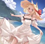  1girl absurdres alternate_costume animal_ears beach blonde_hair blurry blurry_background blush breasts cleavage cloud collarbone commentary_request forehead hat highres horse_ears horse_girl horse_tail large_breasts mountain narita_top_road_(umamusume) ocean pointing ribbon sky straw_hat tabunshake tail umamusume yellow_eyes 