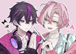  2boys black_hair black_nails blue_shirt collared_shirt earrings fragaria_memories green_eyes headphones headphones_around_neck jewelry kurode_(fragaria_memories) male_focus memento_morishiki merold_(fragaria_memories) mole mole_under_eye multiple_boys multiple_earrings open_mouth pink_background pink_hair purple_eyes purple_hair shirt smile turtleneck white_shirt 