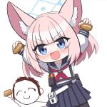  1boy 1girl :d animal_ear_fluff animal_ears arms_up arona&#039;s_sensei_doodle_(blue_archive) belt belt_pouch black_pantyhose black_skirt blue_archive blue_eyes chibi commentary_request dual_wielding food fox_ears fox_girl hair_between_eyes halo holding holding_food inarizushi long_sleeves looking_at_viewer medium_hair niko_(blue_archive) o_(rakkasei) pantyhose pink_hair pleated_skirt pouch school_uniform sensei_(blue_archive) serafuku shoulder_strap sidelocks simple_background skirt smile sushi white_background 