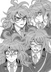  1boy angry blush buttons closed_mouth collared_shirt cropped_torso crying danganronpa_(series) danganronpa_v3:_killing_harmony glasses gokuhara_gonta greyscale highres jacket kumakoro_(tetsupag) long_hair male_focus messy_hair monochrome multiple_views necktie open_mouth outline round_eyewear shirt white_outline 