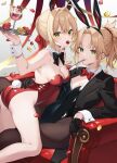  2girls absurdres animal_ears ass black_leotard black_pantyhose blonde_hair braid breasts cherry citron_82 cleavage detached_collar fake_animal_ears fate/grand_order fate_(series) fishnet_pantyhose fishnets flower food fork french_braid fruit gloves green_eyes hair_intakes half_gloves highres ice_cream ice_cream_cup leotard long_hair looking_at_viewer medium_breasts mordred_(fate) mordred_(fate/apocrypha) multiple_girls nero_claudius_(fate) pantyhose playboy_bunny rabbit_ears red_leotard rose sitting small_breasts suit_jacket tray utensil_in_mouth 