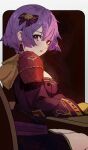  1girl bernadetta_von_varley blush bow breasts chair desk earrings english_commentary fire_emblem fire_emblem:_three_houses gbbgb321 grey_eyes hair_bow highres hood jewelry long_sleeves looking_at_viewer medium_breasts official_alternate_costume official_alternate_hair_length official_alternate_hairstyle open_mouth purple_hair short_hair shoulder_pads sitting thighs 