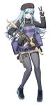  1girl absurdres assault_rifle bag beret black_jacket blue_hair cheogtanbyeong combat_knife cross_hair_ornament facial_tattoo girls&#039;_frontline green_eyes gun h&amp;k_hk416 hair_ornament hairclip hat highres hk416_(girls&#039;_frontline) holding holding_weapon jacket knife light_blue_hair long_hair looking_at_viewer microskirt military_uniform panties rifle simple_background skirt tattoo teardrop_facial_mark thighhighs underwear uniform v weapon white_background white_panties 