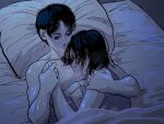  1boy 1girl abs bed commentary_request cuddling drooling eren_yeager hetero implied_after_sex medium_hair meow25meow mikasa_ackerman pillow saliva shingeki_no_kyojin sleeping sweat toned toned_male 