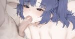  1boy 1girl blue_archive blue_eyes blue_hair blush breasts cleavage close-up collarbone completely_nude cropped drooling fellatio hetero long_hair mochirong nude oral penis sweat two_side_up yuuka_(blue_archive) 