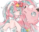  1girl blue_eyes blue_hair blue_skirt cellphone choker earrings fairy_miku_(project_voltage) fingernails flower hair_between_eyes hair_flower hair_ornament hatsune_miku heart heart_choker highres holding holding_phone jewelry jigglypuff knees_together_feet_apart light_blue_hair long_hair long_sleeves loose_socks miniskirt multicolored_eyes nail_polish pearl_earrings phone pink_choker pink_eyes pink_hair pink_nails pink_sweater plaid plaid_skirt pokemon pokemon_(creature) project_voltage raria_(reisui25_raria) red_flower school_uniform signature simple_background sitting skirt smartphone smartphone_case socks solo sparkle sweater twintails very_long_hair vocaloid white_background white_socks 