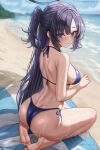  1girl abpart ass bikini blue_archive blue_bikini blue_eyes blurry blurry_background highres kneeling looking_at_viewer ocean sweat swimsuit thighs yuuka_(blue_archive) 