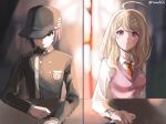  1boy 1girl ahoge akamatsu_kaede artist_name baseball_cap blurry blurry_background breast_pocket breasts brown_headwear brown_jacket brown_necktie buttons collared_shirt danganronpa_(series) danganronpa_v3:_killing_harmony double-breasted hair_ornament hat hat_over_one_eye highres holding_hands jacket large_breasts long_sleeves looking_at_viewer mona_chif musical_note musical_note_hair_ornament necktie one_eye_covered pink_eyes pink_sweater_vest pocket saihara_shuichi shirt smile sweater_vest table white_shirt 