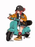  1girl baseball_cap black_eyes black_headwear black_jacket blue_shorts buttons denim denim_shorts full_body hair_bun hat jacket long_sleeves looking_at_viewer motor_vehicle multicolored_clothes multicolored_jacket nao97122 on_scooter open_clothes open_jacket orange_footwear orange_jacket orange_sleeves original red_hair red_socks scooter shirt shoes shorts simple_background sitting sneakers socks solo streetwear twintails two-tone_jacket white_background white_shirt 