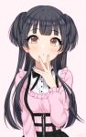  1girl artist_name black_bow black_bowtie black_hair black_skirt blunt_bangs blush bow bowtie breasts brown_eyes dot_nose finger_to_mouth highres idolmaster idolmaster_shiny_colors long_hair long_sleeves looking_up mayuzumi_fuyuko medium_breasts parted_lips pink_background pink_shirt shirt signature simple_background skirt solo suspender_skirt suspenders two_side_up upper_body wgm_oekaki zipper zipper_pull_tab 