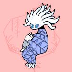  1boy 1girl arthropod_boy blue_cloak blue_eyes blush blush_stickers cloak closed_eyes colored_skin commentary full_body grey_cloak heart hollow_knight hug monster_girl pale_king_(hollow_knight) pink_background plant_girl sakana_2-gou sitting size_difference u_u white_hair white_lady_(hollow_knight) white_skin 