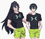  2boys angellyuna black_eyes black_hair black_shirt closed_eyes closed_mouth cowboy_shot facing_viewer green_shorts hand_on_another&#039;s_shoulder high_ponytail hong_lu_(limbus_company) limbus_company long_hair looking_at_viewer looking_to_the_side male_focus matching_outfits multiple_boys open_mouth project_moon shirt short_sleeves shorts simple_background smile very_long_hair white_background yi_sang_(limbus_company) 