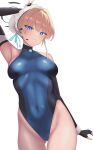  1girl absurdres arm_up ass_visible_through_thighs bare_shoulders black_gloves black_leotard blonde_hair blue_archive blue_eyes blue_leotard blue_ribbon breasts bun_cover closed_mouth covered_navel earpiece elbow_gloves fingerless_gloves gloves hair_bun highres leotard looking_at_viewer maid_headdress medium_breasts ribbon ryokuchabushi short_hair smile solo toki_(blue_archive) two-tone_leotard v white_background 