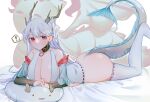  ! 1girl absurdres ariko_(aaaaarik) arm_warmers azur_lane bare_shoulders bed_sheet bottomless breasts cleavage closed_mouth commentary detached_sleeves dragon dragon_girl dragon_horns dragon_tail hair_on_horn highres horns large_breasts long_hair looking_at_viewer lying on_stomach red_eyes revealing_clothes shimanto_(azur_lane) symbol-only_commentary tail thighhighs white_hair white_thighhighs 