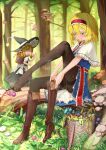  2girls absurdres alice_margatroid basket blonde_hair blue_dress blue_eyes boots boots_removed brown_footwear dress forest hairband highres kirisame_marisa medium_hair multiple_girls mushroom nature panties pantyhose pantyshot red_hairband sitting sweat touhou underwear yazato_ichimushi 