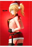  1girl absurdres bare_shoulders blonde_hair box braid breasts closed_mouth dress fate/apocrypha fate/grand_order fate_(series) from_side fur_trim gift gift_box gloves gradient_background green_eyes hat highres long_hair looking_at_viewer mordred_(fate) mordred_(fate/apocrypha) pom_pom_(clothes) ponytail red-dress red_background ribs santa_costume santa_hat scan short_dress sideboob simple_background small_breasts smile solo thighhighs tonee turtleneck zettai_ryouiki 
