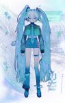  1girl abstract_background alternate_costume aqua_jacket arms_at_sides asymmetrical_legwear blue_footwear blue_hair blue_necktie blue_shirt blue_skirt character_name closed_mouth cropped_jacket cursor full_body gears green_eyes grey_background hair_between_eyes hair_ornament hatsune_miku headset highres jacket light_blue_hair long_hair long_sleeves looking_at_viewer mawarusanso miniskirt necktie open_clothes open_jacket shirt single_loose_sock skirt solo standing straight-on thigh_strap twintails very_long_hair vocaloid window_(computing) 