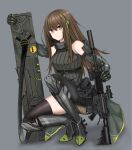  armored_boots armored_gloves assault_rifle boots brown_eyes brown_hair detached_sleeves girls&#039;_frontline green_leotard gun highres holding holding_gun holding_weapon leotard m4_carbine m4a1_(girls&#039;_frontline) non-web_source rifle weapon 