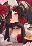  1girl biscuit_(bread) black_gloves black_hair blush bow breasts cake cleavage commentary cup dress elbow_gloves eyes_visible_through_hair flower food fruit gloves hair_between_eyes hair_bow hair_flower hair_ornament hair_ribbon hands_on_own_chin head_rest head_tilt highres hololive itaboon jewelry large_bow lips long_hair looking_at_viewer medium_breasts multicolored_hair necklace official_alternate_costume ookami_mio ookami_mio_(6th_costume) orange_eyes own_hands_clasped own_hands_together parted_bangs red_bow red_dress red_hair ribbon rose sitting smile solo strawberry strawberry_shortcake streaked_hair symbol-only_commentary teacup teapot tiered_tray twintails two-tone_bow two-tone_dress two-tone_hair upper_body virtual_youtuber white_bow white_dress white_ribbon 