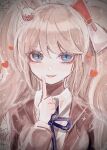  1girl blonde_hair blue_ribbon bow brown_jacket collared_shirt danganronpa_(series) danganronpa_3_(anime) enoshima_junko green_eyes hair_bow hair_ornament heart highres jacket long_hair naruse_(nal1525) neck_ribbon open_mouth rabbit_hair_ornament ribbon shirt smile solo twintails upper_body white_shirt 