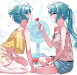  2girls aqua_hair arm_support bang_dream! bare_shoulders blue_shorts blush commentary_request crop_top crop_top_overhang electric_fan feeding floral_print food fruit full_body green_eyes hair_bun hikawa_hina hikawa_sayo holding holding_food indian_style kneeling korean_commentary looking_at_another miniskirt multiple_girls open_mouth ponytail shirt short_hair shorts siblings sidelocks single_hair_bun sitting skirt sleeveless sleeveless_shirt tank_top twins watermelon white_tank_top yellow_skirt yellow_tank_top zihacheol 