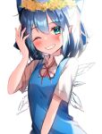  1girl ;d absurdres aoyama_tenchou bloom blue_dress blurry blush cirno depth_of_field dress flat_chest flower flower_request grin hand_up head_wreath highres ice ice_wings looking_at_viewer one_eye_closed overexposure pointy_ears short_sleeves sidelighting smile solo touhou upper_body wing_collar wings yellow_flower 