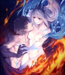  1boy 1girl black_hair blue_eyes clive_rosfield couple cuddling final_fantasy final_fantasy_xvi grey_hair hetero holding_hands ifrit_(final_fantasy) itoichi. jill_warrick long_hair nude shiva_(final_fantasy) smile transformation 