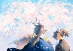  2boys :d ^_^ black_hair black_jacket blue_jacket cherry_blossoms closed_eyes day facial_hair facing_another facing_away facing_to_the_side falling_petals fate/grand_order fate_(series) flower gloves hair_over_one_eye hand_up haori highres jacket japanese_clothes long_hair low_ponytail male_focus multiple_boys okada_izou_(fate) petals pink_flower pirohi_(pirohi214) ponytail sakamoto_ryouma_(fate) smile stubble teeth tree upper_body upper_teeth_only white_gloves 