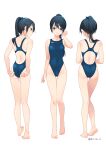  1girl ass bare_arms bare_legs bare_shoulders barefoot black_eyes black_hair blue_one-piece_swimsuit closed_mouth commission competition_swimsuit from_behind full_body groin houshou_(kancolle) kantai_collection koruri long_hair looking_at_viewer multiple_views one-piece_swimsuit open_mouth ponytail simple_background skeb_commission smile swimsuit twitter_username wet wet_clothes wet_swimsuit white_background 