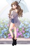  1girl ankle_boots bare_shoulders blunt_bangs blurry blurry_background blush boots breasts brown_hair bush collarbone denim denim_shorts earrings flower full_body hair_bun highres holding holding_umbrella hydrangea idolmaster idolmaster_cinderella_girls idolmaster_cinderella_girls_starlight_stage jacket jewelry kamiya_nao long_hair long_sleeves looking_at_another medium_breasts midriff_peek neru5 off_shoulder open_mouth outdoors rain rainbow red_eyes see-through see-through_jacket shirt shorts single_hair_bun sleeveless sleeveless_shirt smile solo thick_eyebrows triangle_earrings umbrella white_shirt 