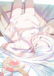  1girl absurdres breasts dress earrings elf frieren hair_between_eyes hair_spread_out highres jewelry lying misyune multicolored_hair on_back open_mouth pointy_ears sleeping small_breasts solo sousou_no_frieren staff white_dress 