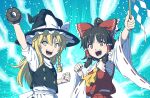  2girls arm_up ascot bare_shoulders black_hair black_headwear black_vest blonde_hair blush bow braid chest_sarashi detached_sleeves gohei hair_bow hair_tubes hakurei_reimu hat hat_bow holding holding_gohei inuno_rakugaki japanese_clothes kirisame_marisa long_hair medium_hair mini-hakkero multiple_girls nontraditional_miko open_mouth red_bow red_eyes red_skirt ribbon-trimmed_sleeves ribbon_trim sarashi shirt short_sleeves sidelocks single_braid skirt smile touhou vest white_bow white_shirt white_sleeves wide_sleeves witch_hat yellow_ascot yellow_eyes 