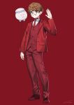  1boy absurdres balloon blazer brown_eyes brown_hair character_request collared_shirt full_body glasses hand_up highres holding holding_balloon jacket legs looking_at_viewer neck_tattoo necktie nemoto_yuuma nijisanji open_clothes open_jacket pants red_background red_footwear red_jacket red_necktie red_vest round_eyewear shirt shoes short_hair signature simple_background smile solo standing suit swept_bangs tattoo vest 